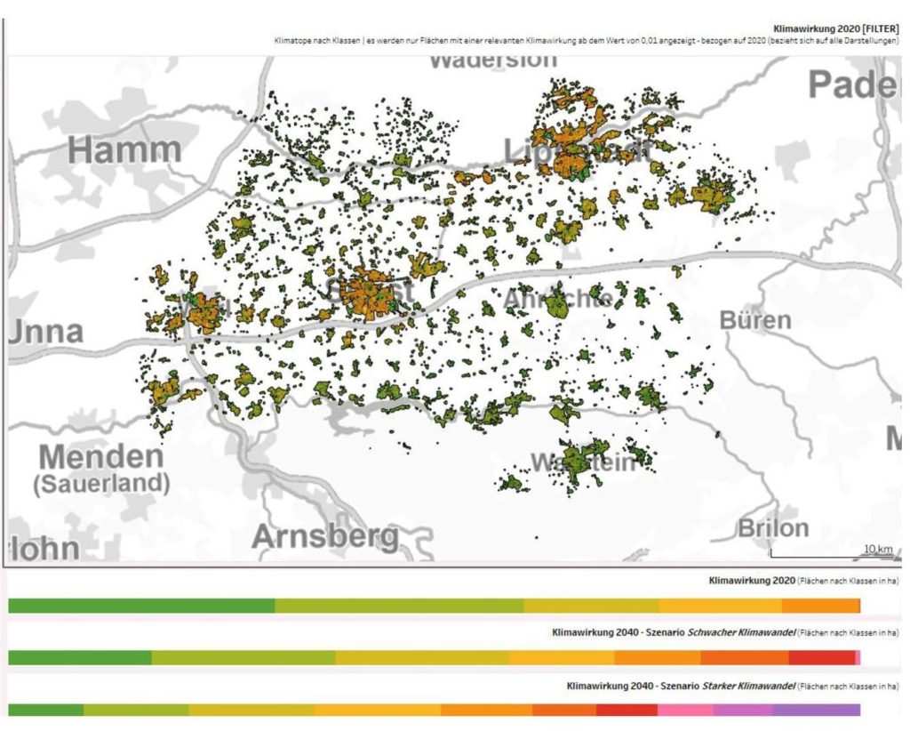 Insight into the climate impact analysis – intersection of the climate signal heat with the sensitivity of the resident population in the district of Soest. Different scenarios can be mapped in the future. (IRPUD 2021)